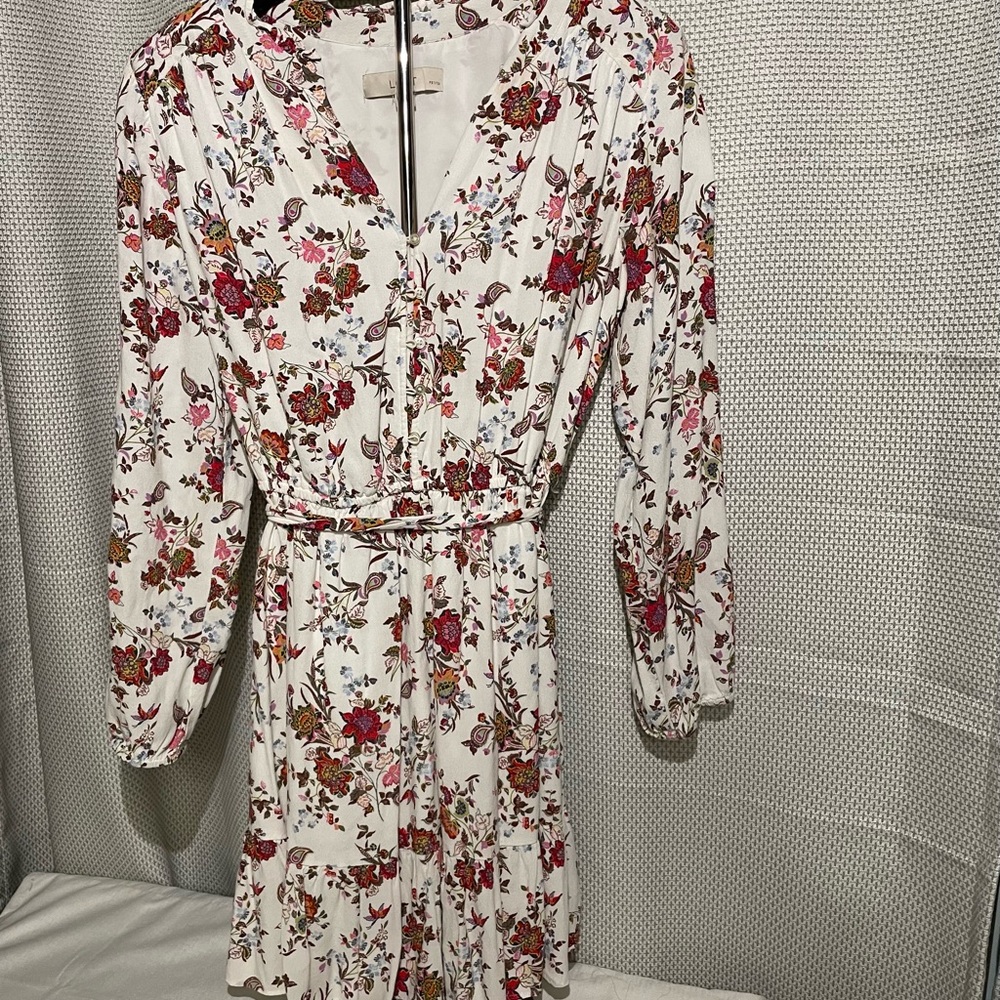 LOFT White Dress with Red Floral Pattern